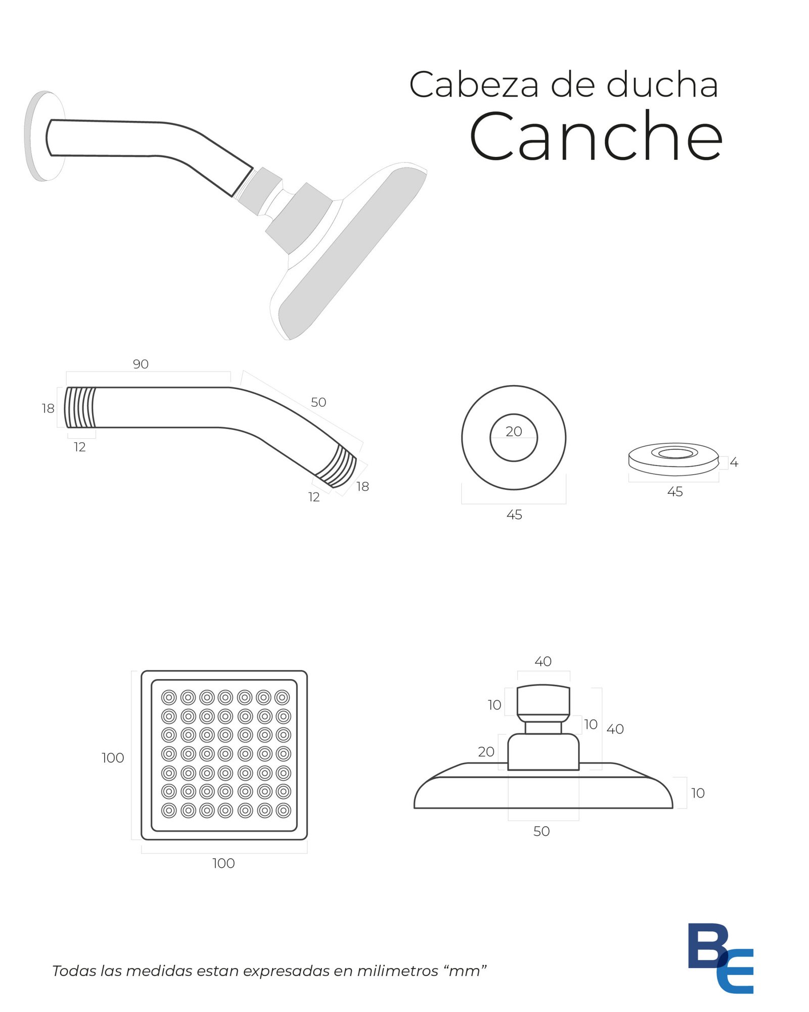 Cabeza y brazo de ducha pared (cuadrado) Canche - Imagen 2