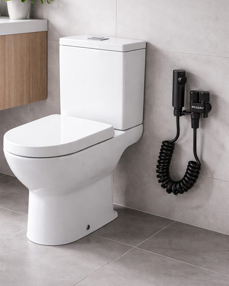 Llave angular doble con manguera duchador negro - Imagen 2