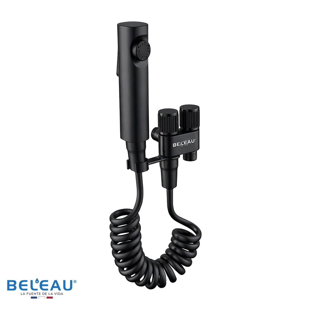 Llave angular doble con manguera duchador negro