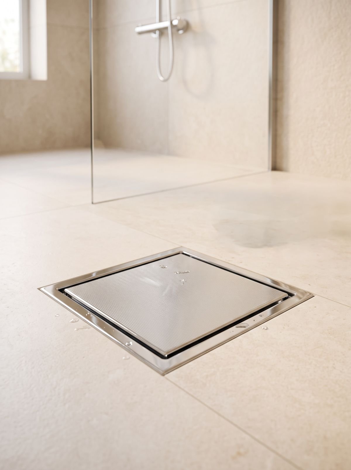 Rejilla de ducha cuadrada de acero inoxidable en piso beige