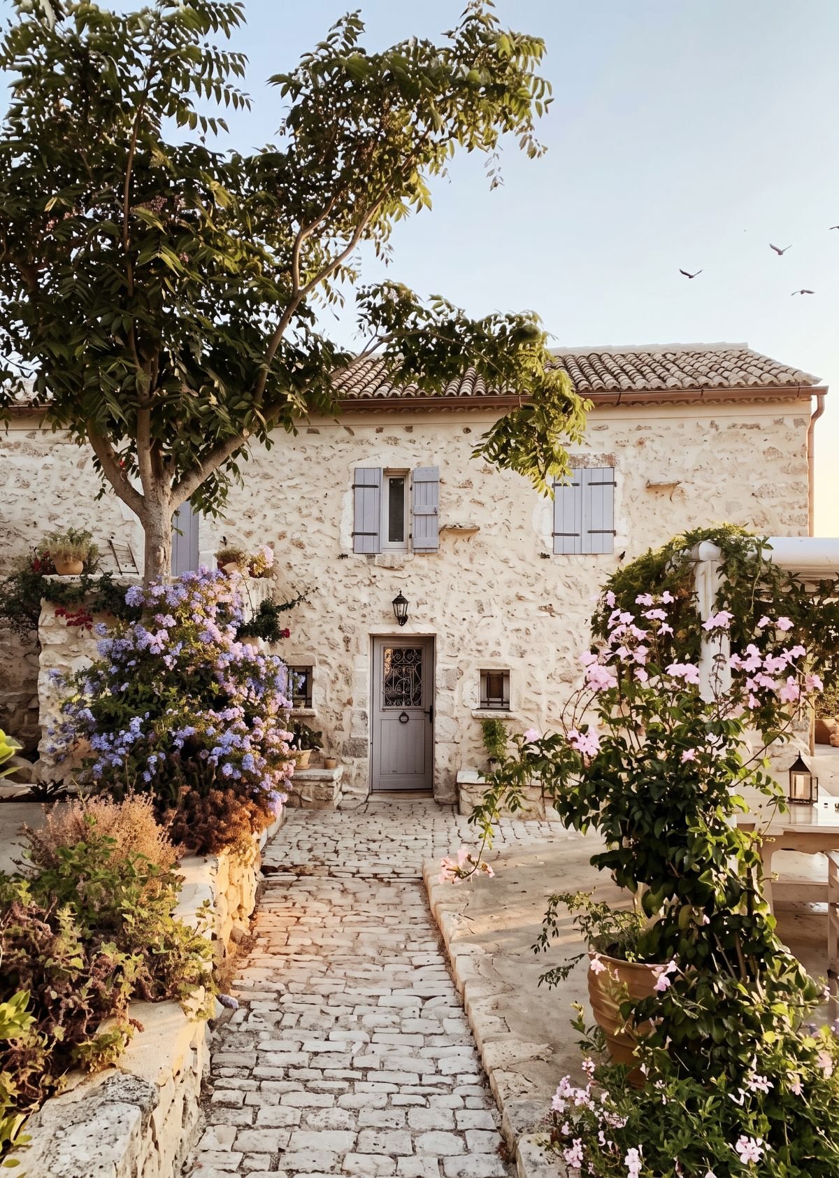 Casa de piedra en la Provenza francesa con contraventanas lavanda y jardín en flor