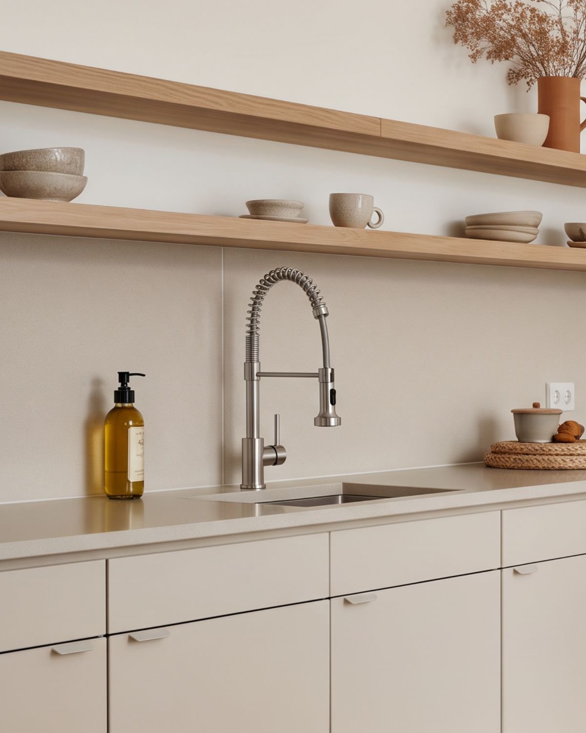 Mezcladora de cocina de acero inoxidable con caño flexible sobre encimera beige