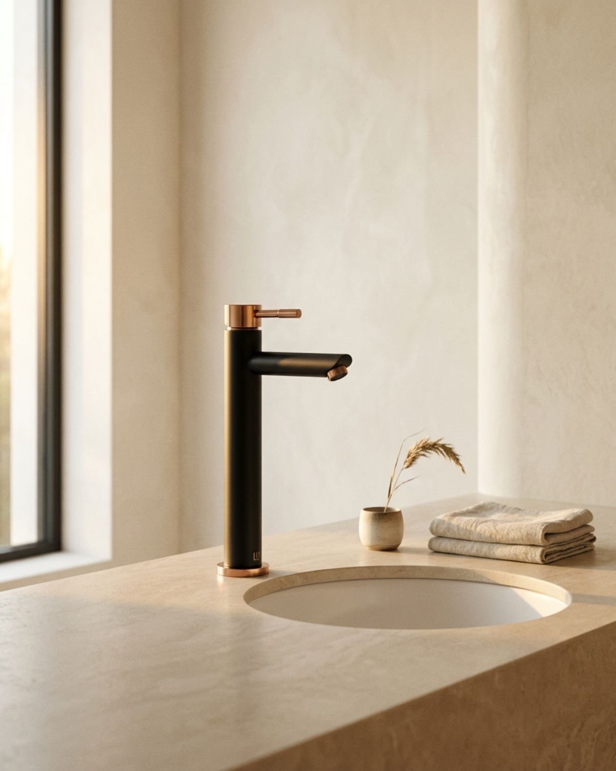 Mezcladora alta para lavabo en negro mate con detalles en cobre