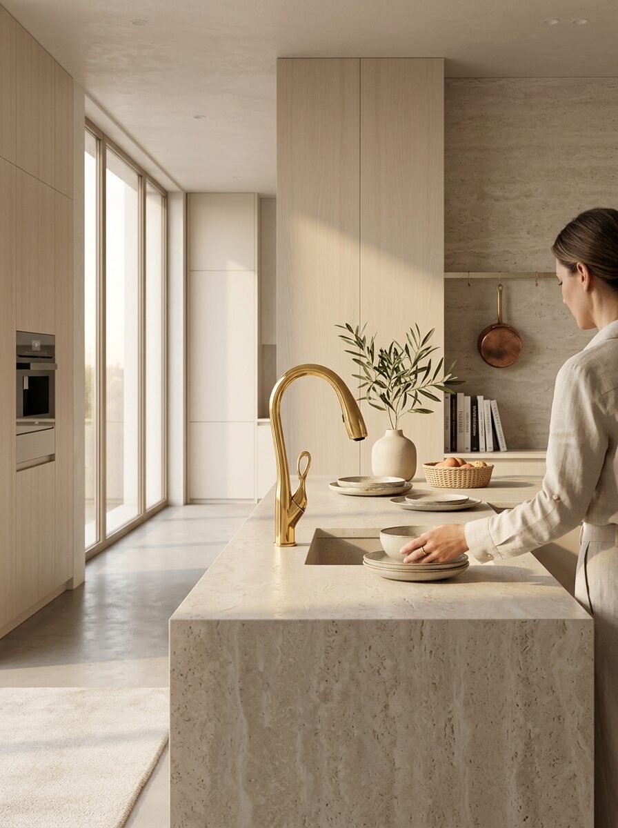Cocina de piedra clara con mezcladora dorada BELEAU y una mujer sirviendo platos